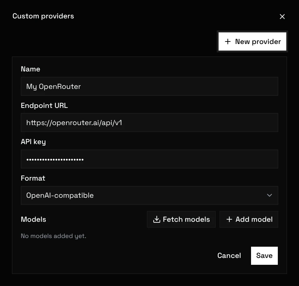 Formular für einen eigenen Provider mit Name, Endpoint-URL, API-Schlüssel, Format und Modellliste
