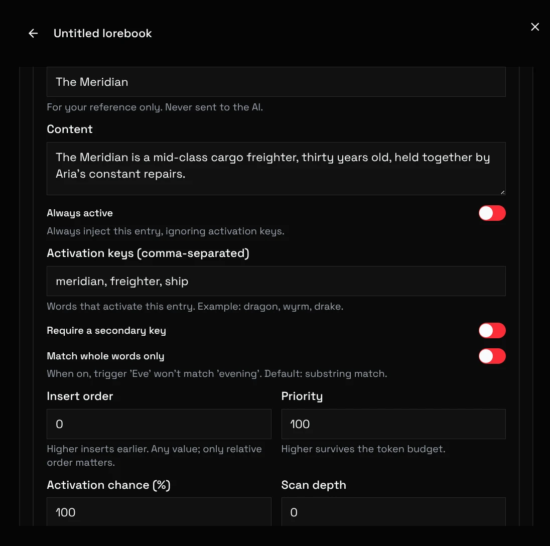 Lorebook-Eintragseditor mit Inhalt, Aktivierungsschlüsseln, Schaltern sowie Einfügereihenfolge und Priorität