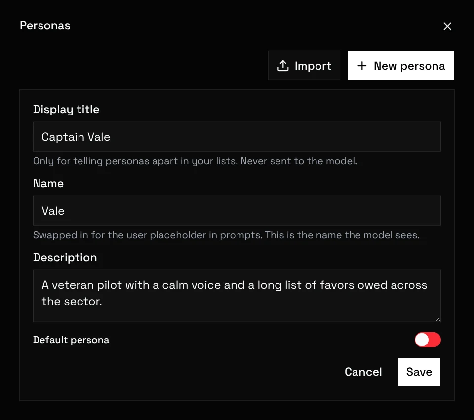 Persona-Editor mit Anzeigetitel, Name, Beschreibung und Standard-Persona-Schalter