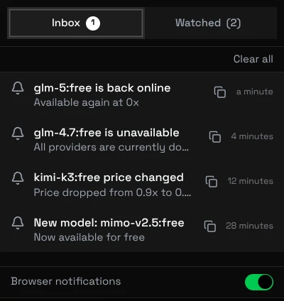Caixa de notificações com alertas de modelos ao vivo