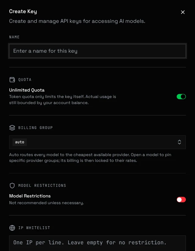 Diálogo de criação de chave na página Tokens
