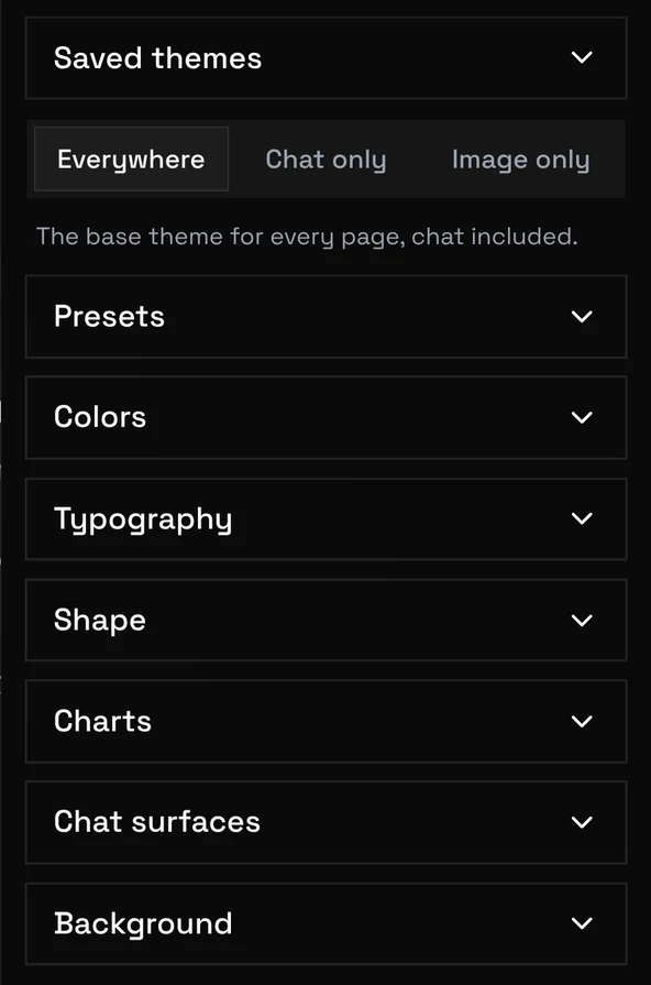 Das Theme-Panel: die drei Tabs über der Liste der Abschnitte.